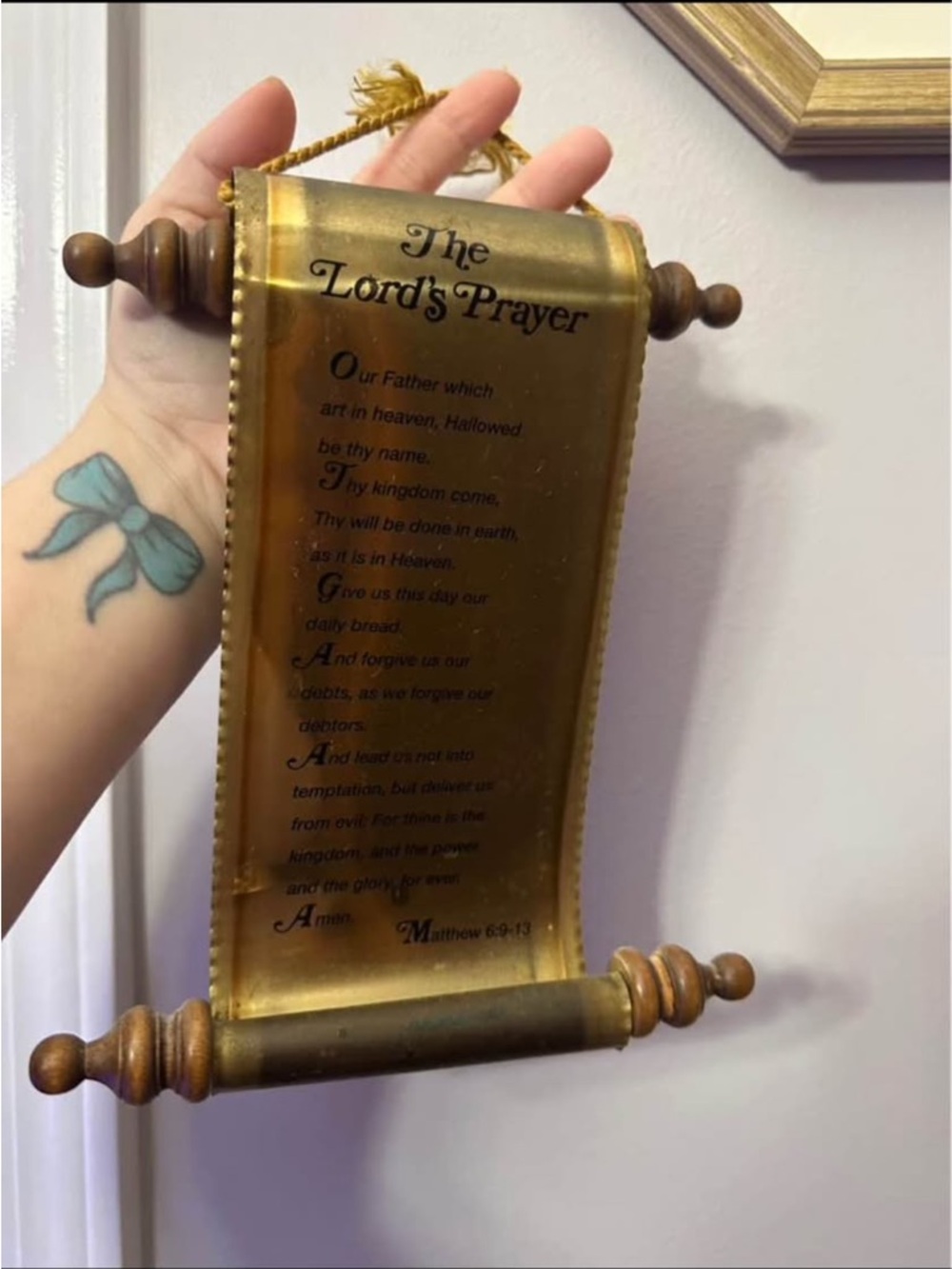 The Lords Prayer Brass Tone Wooden Scroll Wall Plaque